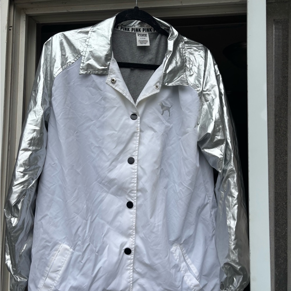 PINK Victoria's Secret Silver and White Bomber Jacket
